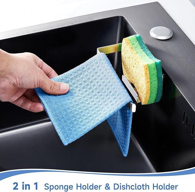 Sponge and Dish Cloth Holder for Kitchen Sink, 2 in 1 Adhesive Sink Dish Sponge Holder, Sinks Caddy Organizer Rack for Storage Sponges Scrubber Glove and Brush, Silver