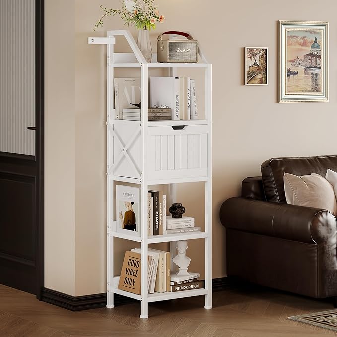 Homeiju Bathroom Floor Cabinet, 5-Tier Bathroom Storage Organizer Rack with Drawer, Multifunctional Corner Unit, 47.24 Inches in Height, White