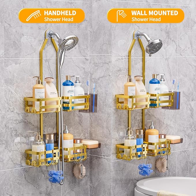 Aluminum Shower Caddy Hanging, Never Rust Shower Organizer- 4 Levels with adjustable Height 10 Hooks for Razor/Sponge - Rack with Soap Basket (Gold)