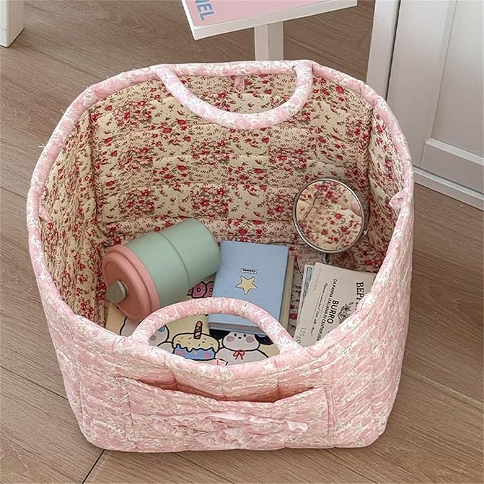 Quilted Fabric Storage Basket with Handles & Pocket, Foldable Laundry Hamper Boho Floral Print Organizer Bin for Home, Picnic, Office 12"x10"x10" (A-4)