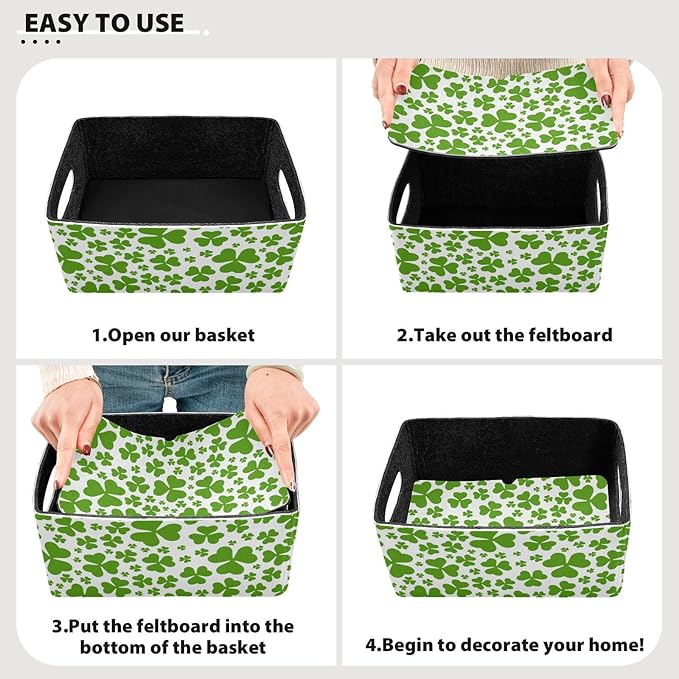 Green Saint Patrick Clover Leaves Closet Storage Bins 2 Pcs Felt Open Home Storage Containers Organizer with Handles Collapsible Shelf Basket for Home Office Craft Room Classroom Fabric