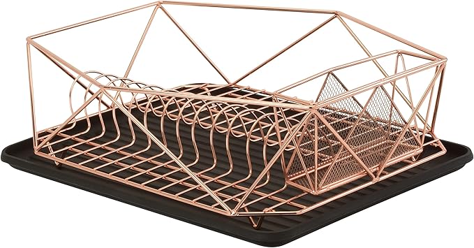 Kitchen Details Geode Deluxe Dish Drying Rack with Drain Board | Cutlery Basket | Utensil Holder | Iron Frame | Copper