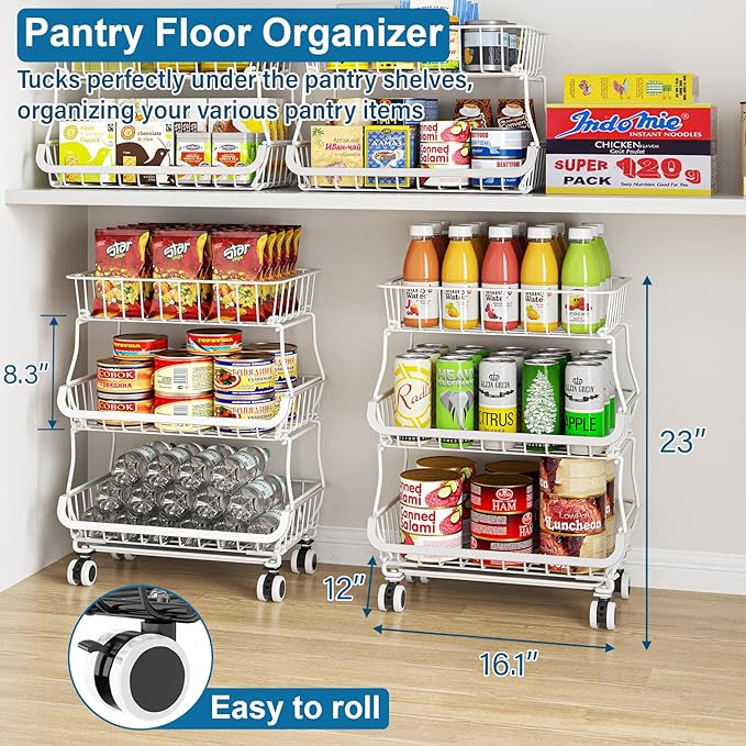 3-Tier Rolling Pantry Floor Organizer and Storage Cart with Wheels, Stackable Wire Pantry Baskets for Pantry Shelves, Kitchen Storage Rack and Fruit Basket Stand for Fruit Snack Onion Potato