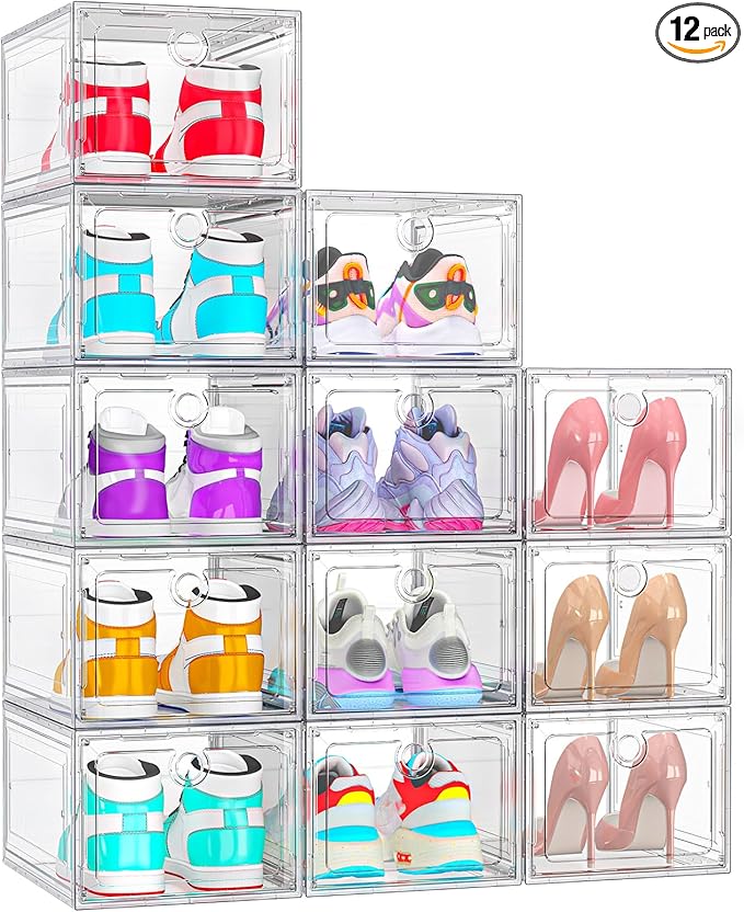 ARSTPEOE 12 Pack Upgrade Harder Shoe Organizer, Shoe Storage with Magnetic Front Door, Clear Shoe Boxes Foldable Space-Saving Shoe Rack for Sneaker Boot Container, White