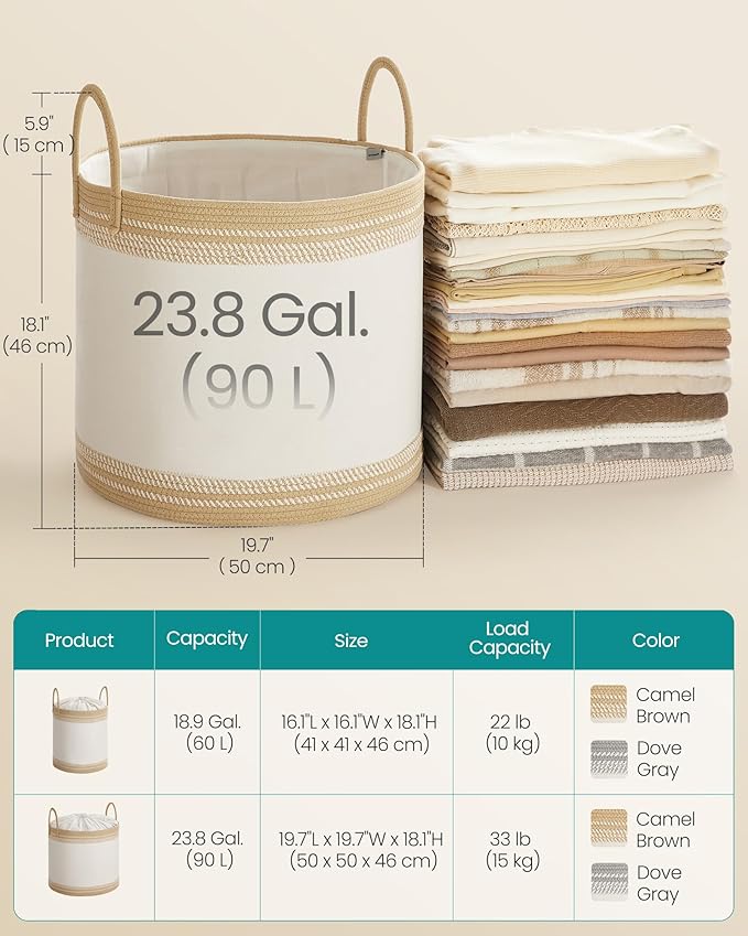 SONGMICS Laundry Hamper, Cotton Rope Laundry Basket with Handles, for Clothing, Living Room, Bedroom, 23.8 Gallons, 19.7 x 19.7 x 18.1 Inches, Cloud White and Camel Brown URLH090K01