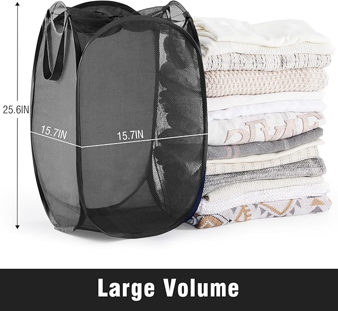 TECHMILLY Collapsible Mesh Pop Up Laundry Hamper with Sturdy Handles and Side Pocket - Portable Foldable Clothes Baskets for Dorm, Bathroom & Travel Storage (with Drawstring, Black, 3 Packs)
