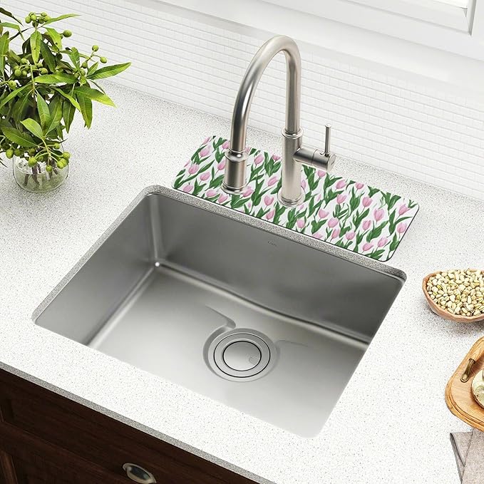 Kitchen Sink Splash Guard 1 PC 30 Inch Sink Faucet Mat Splash Guard for Bathroom Countertop Water Absorbent Foldable Cuttable Soft Washable Small Tulips Pink