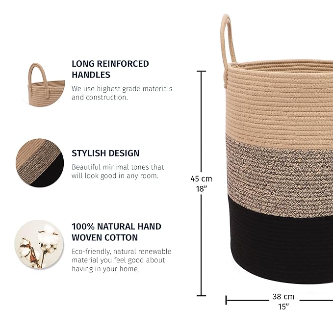 OrganiHaus Large Brown Woven Laundry Basket w/Handles 52L, Rope Dirty Clothes Hamper, Blanket Basket for Living Room, Baby Laundry Hamper for Nursery, Soft & Durable Decorative Organizer Bin