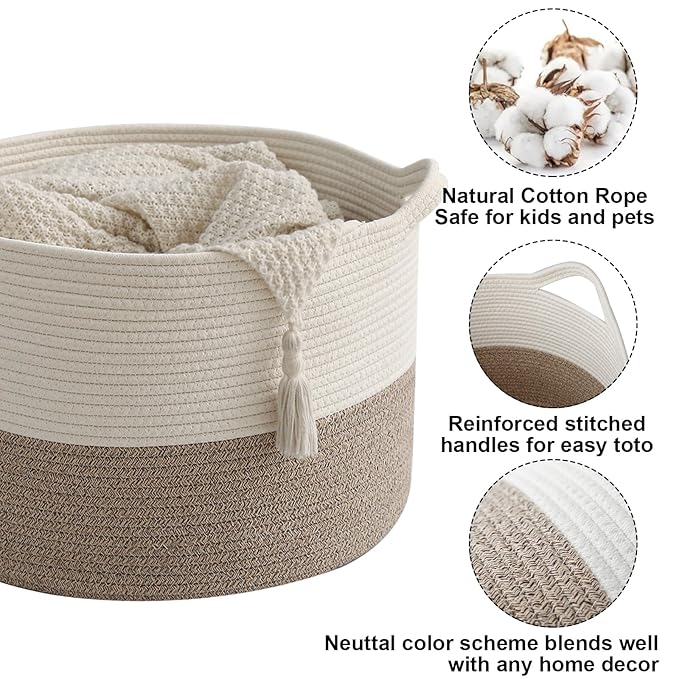 65L Large Blanket Basket,19.7" L x 19.7" W x 13" H Rope Woven Baskets with Handles, Toys Storage Bins,Laundry Basket Perfect for Living Room, Nursery,Bedroom,Home Organization,White&Brown