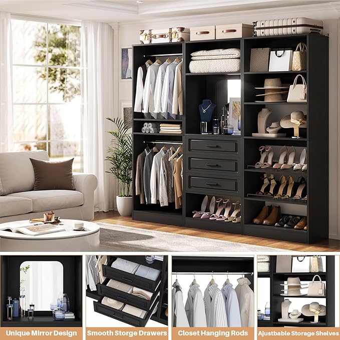Unikito Modular Closet System with 3 Sets, 75”Closet Organizer System With Drawers, Mirror, Hanging Rods and Adjustable Shelves, Freestanding Wood Wardrobe Garment Rack, Walk in Closet Tower, Black