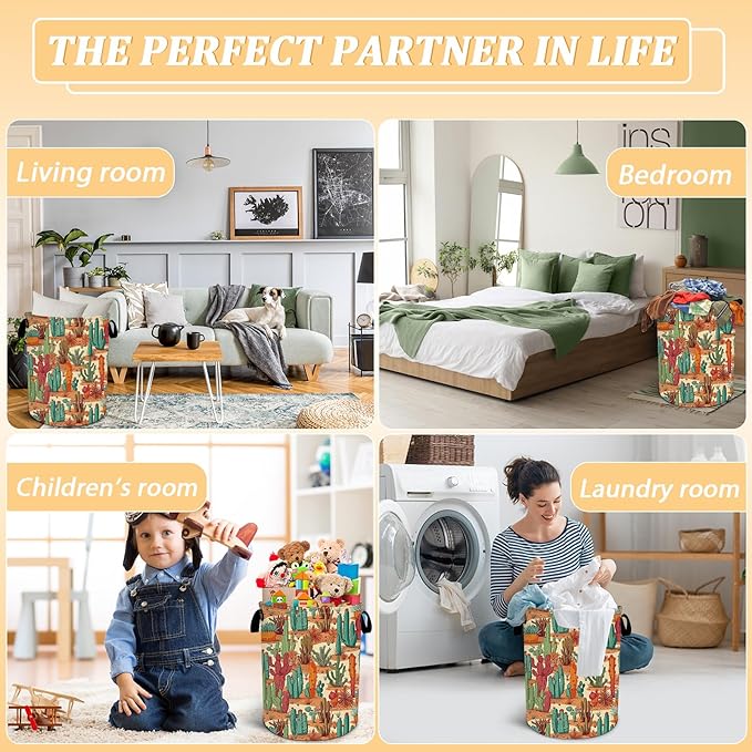 Tropical Cactus Laundry Basket, Foldable Waterproof Oxford Cloth Laundry Hamper Funny Tote Bag Dirty Clothes Storage Bucket Toy Organizer for Bathroom/Laundry/Bedroom 15.7"x19.6"
