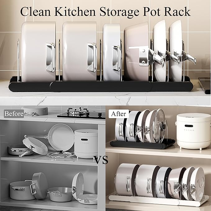Pot Rack : Pots and Pans Organizer Under Cabinet 7 Adjustable Compartment Expandable Pot Lid Holder for Kitchen Cookware, Bakeware, Lid, Dishes, Cutting Boards,Black 2PCS
