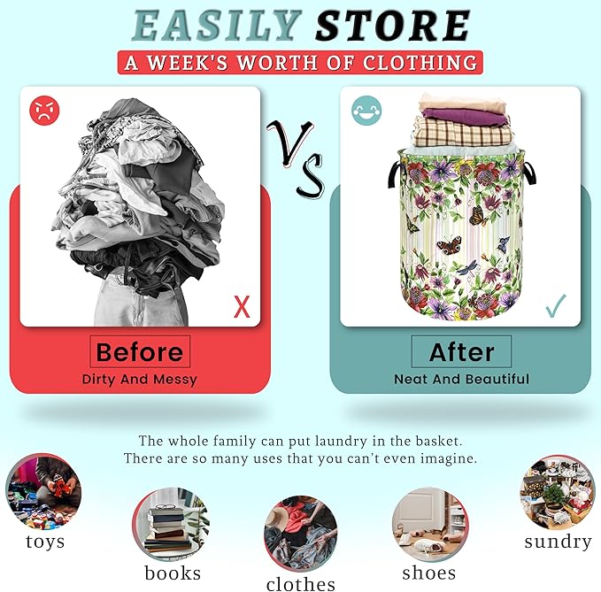 Beautiful Flowers Butterfly Laundry Basket Colorful Floral Laundry Hamper Foldable Oxford Cloth Cute Flower Tote Bag Clothes Toy Storage Bucket For Bathroom/Laundry Storage/Bedroom 18.9 x 16.5 Inch