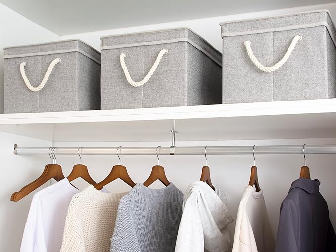 StorageWorks Storage Bins with Lids, Decorative Storage Boxes with Soft Rope Handles, Foldable Stackable Storage Baskets for Closet, Shelves, 3-Pack, Gray, Jumbo