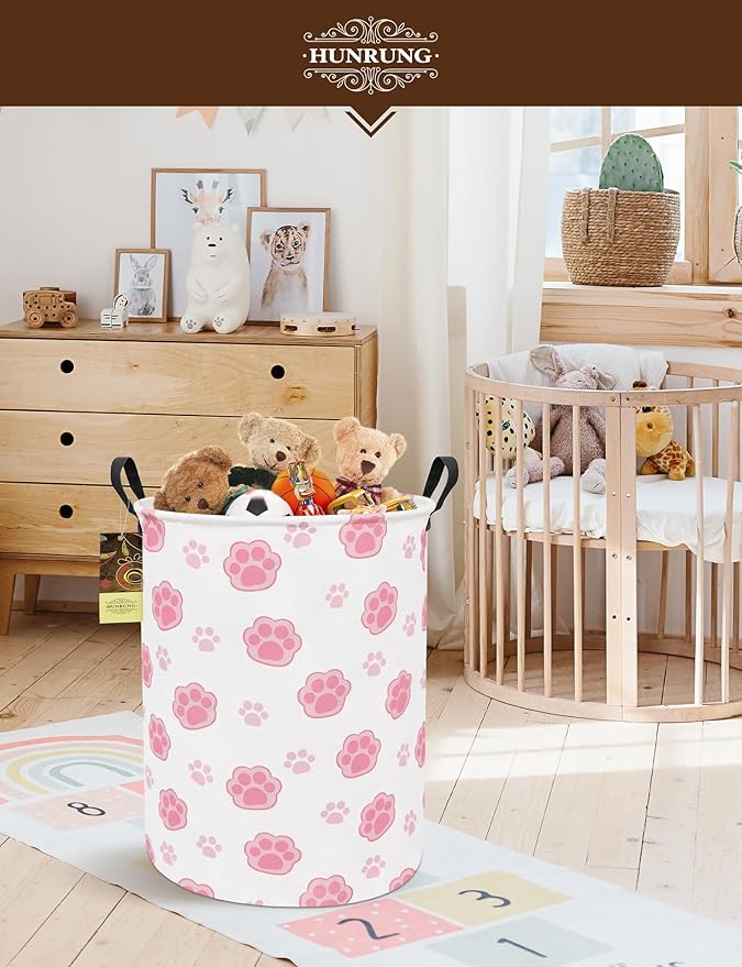 HUNRUNG Laundry Hamper,Large Canvas Fabric Lightweight Storage Basket Toy Organizer Dirty Clothes Collapsible Waterproof for College Dorms（Round-Pink Paw）