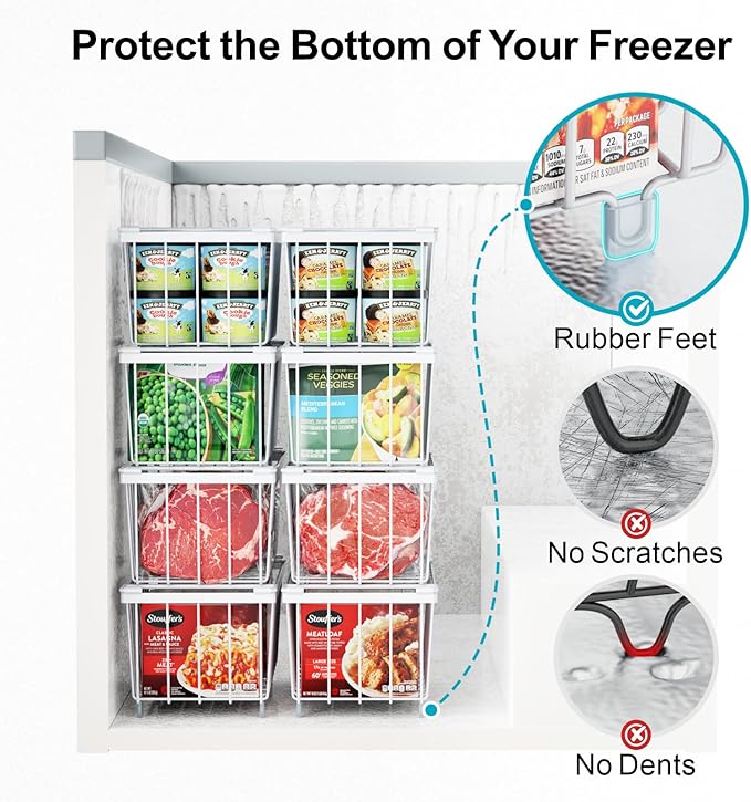 iSPECLE Chest Freezer Organizer Bins - Fits 7 Cu.Ft Deep Freezer, 6 Pack Stackable Wire Baskets(14.7" Length), Heavy Duty Coated Freezer Organizer, Rust Resistant for Frozen Food Sorting, White