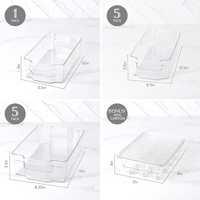 Oizeir Refrigerator Organizer Bins - Clear Plastic, Stackable, Narrow and Wide Bin Sizes, Egg Tray with Lid. Great Storage for Fridge, Cabinets, Countertops and Pantry. (Set of 12)
