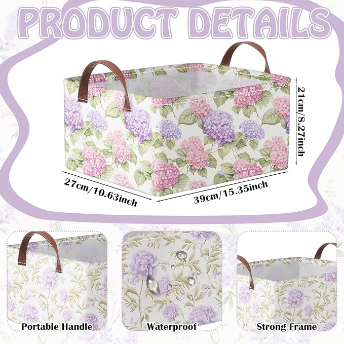 Boao 3 Pcs Purple Floral Storage Bin Wildflowers Collapsible Large Storage Baskets for Gifts Canvas Laundry Basket Foldable Box with Handle for Office Home Bedroom Clothes
