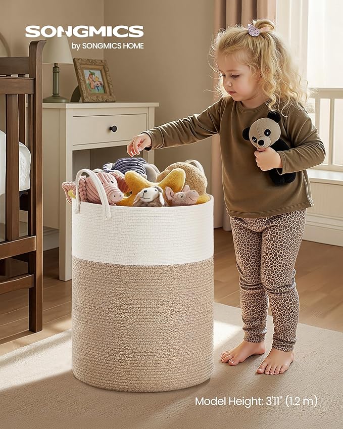 SONGMICS Laundry Hamper, Cotton Rope Laundry Basket with Handles, for Children, Toys, Clothing, Living Room, Bedroom, 21.1 Gallons, 15.7 x 15.7 x 23.6 Inches, White and Grayish Brown URLH062LZ01