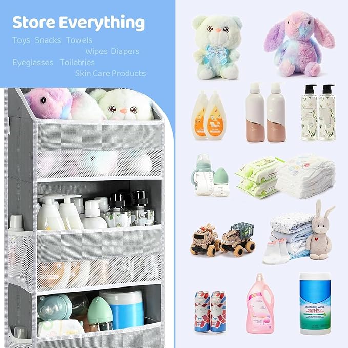 Yecaye 2 Pack 4 Tier Over the Door Organizer, 35.2lbs Load Toy Stuffed Animal Storage, Swing-proof Hanging Bathroom Organizers and Storage for Nursery Baby Essential Stuff Dorm Room Essentials, Grey