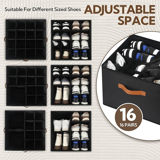 2 Pack Shoe Organizer for Closet, Foldable Shoe Storage Bins with Clear Cover and Adjustable Dividers, Fits up to 16 Pairs, Large Shoe Box Storage Containers with Reinforced Handles (Black)