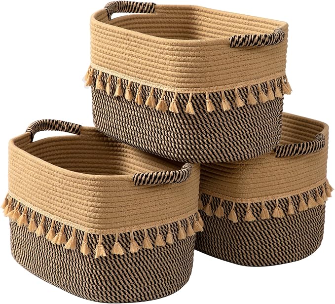TeoKJ Set of 3 Baskets for Organizing, Decorative Rope Baskets for Storage, Storage for Pets, books, Pillows, Toys & Cloths, Black & Jute