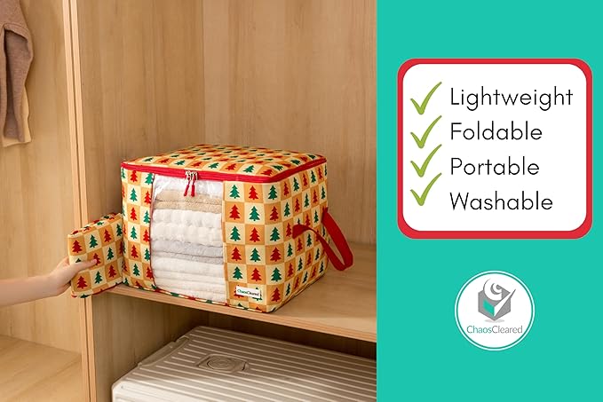 Canvas Storage Bags 2 Pack Designer Clothes Organizer bags for sweaters, clothing, garments, quilt, linens, large folding organizers with zip & window, moth proof space saver - Christmas tree print