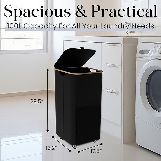 Laundry Basket with Wheels and Handle - 100L Bamboo-Fabric Laundry Hamper with Lid, Front Mesh Pocket, Travel Bag, Sturdy Wheels, Black
