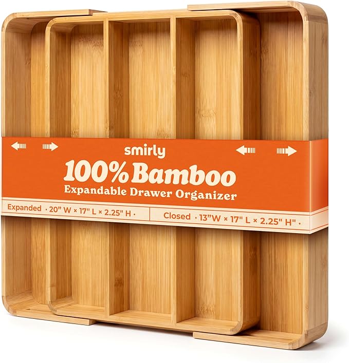 SMIRLY Silverware Drawer Organizer – Bamboo Kitchen Drawer Organizer, Adjustable Utensil Holder and Cutlery Tray, Drawer Dividers for Flatware and Kitchen Utensils