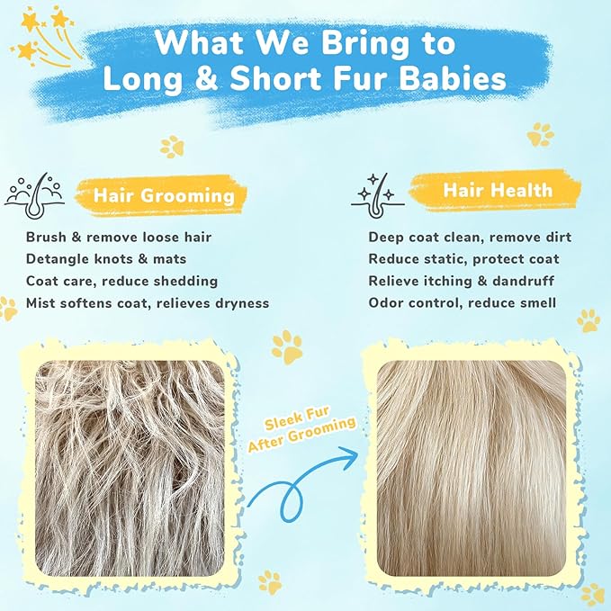 Pet Spray Brush for Cat & Dog, Hair Health & Grooming Set Includes 100ml Waterless Shampoo, Nail Clippers, Toothbrush, Comb, Cat Scratcher with Catnip, Disposable Cleaning Supplies, Gift-Set