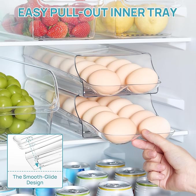 Vtopmart Clear Plastic Egg Holder for Fridge, Automatic Rolling Egg Container for Refrigerator, Stackable 14-Count Eggs Organizer with Removable Inner Tray, Fridge Organizers and Storage, 1Pack