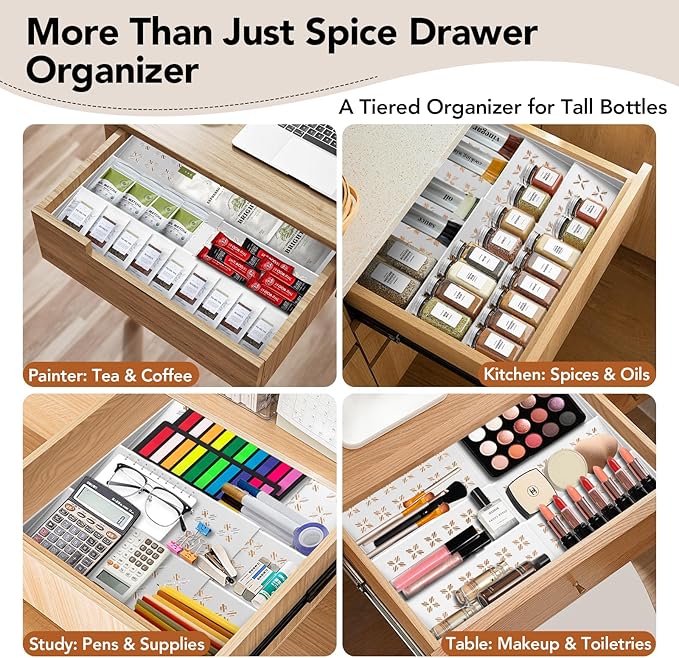2-Pack Expandable Spice Drawer Organizer (11"-22"), 3-Tier Angled Seasoning Rack for Kitchen, Sturdy Vented Insert with Labels & Funnel, Fits Standard & Biger Spice Jars (Jars Not Included) WH