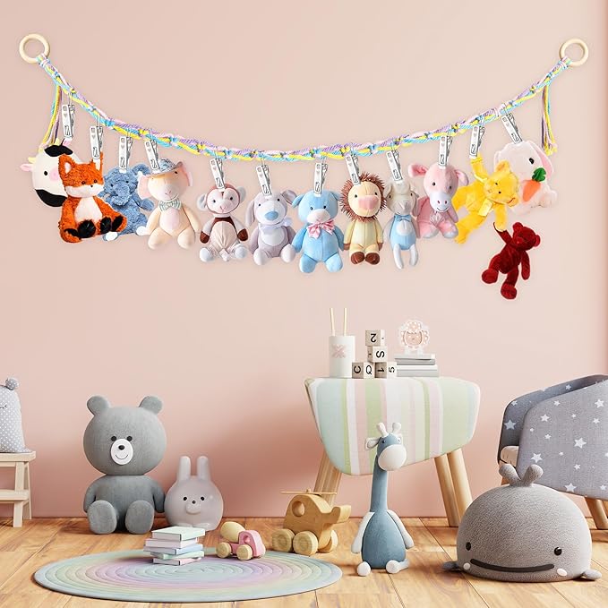 Hanging Stuffed Animal Storage Hammock - 78 Inch Stuffed Animal Net with 20 PCS Metal Clips, Macrame Stuff Animals Organizer for Room Decor