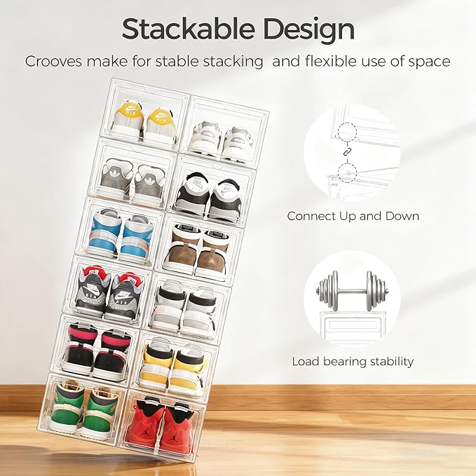 Pinkpum Upgraded Hard Shoe Storage Box 6 Pack X-Large Fit Size 12, Thicken & Sturdy Clear Plastic Stackable Shoe Organizer Box Closet, Sneaker Storage Display Case Holder Bins with Magnetic Door White