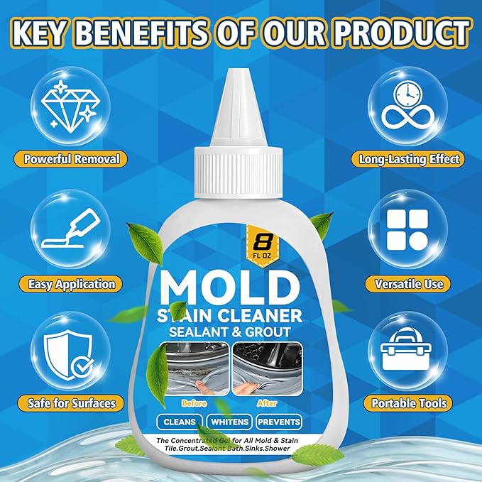 HouseMold Stain Remover Gel, 8 Fl Oz Washing Machine Cleaner with Brush, Heavy Duty Home Stain Remover for Front Loader Washing Machine Seal, Bathroom Grout, Kitchen Sink, Shower, Refrigerator Strip