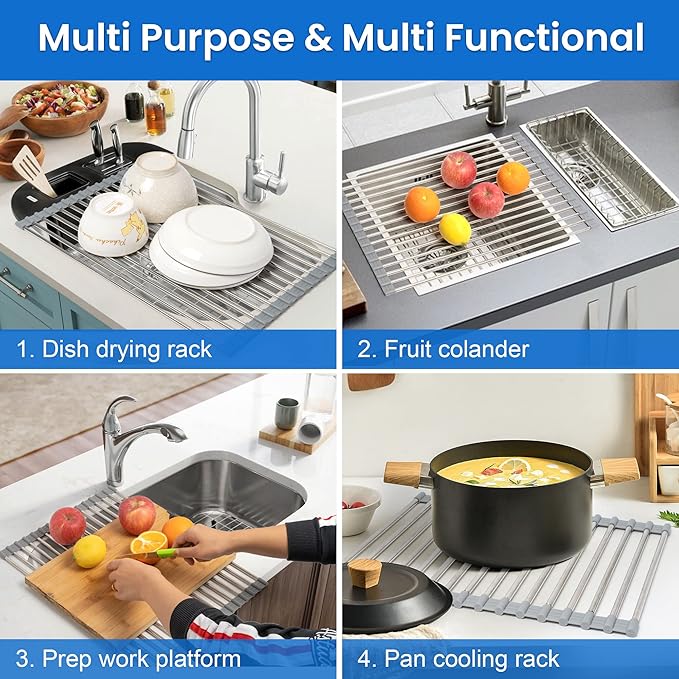 Roll Up Dish Drying Rack, Adjustable Over Sink Dish Drying Rack for Kitchen, 10"-20" Foldable Sink Rack to Dry Dishes & Drain Items, Stainless Steel Over Sink Cover Drying Mat