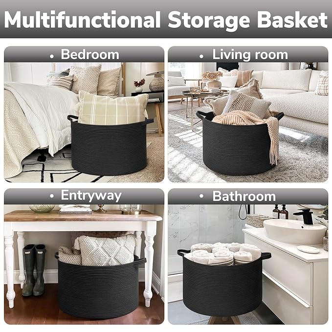 Goodpick Large Blanket Basket, 22"X 14" Woven Rope Baby Basket, Black Blanket Storage for Dirty Clothes, Kids Toy Storage Organizer Bins for Living Room