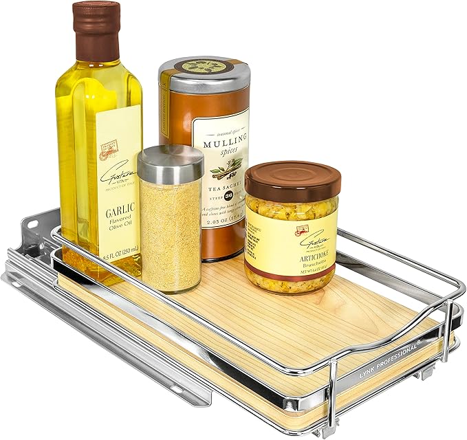 LYNK PROFESSIONAL® Élite™ Pull Out Spice Rack Organizer for Inside Kitchen Cabinets - 6-3/8 inch Wide - Slide Out Drawer – Wood/Chrome Sliding Spice Organization for cabinet - Spice Racks - 1 Tier