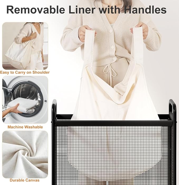 WOWLIVE Laundry Hamper 3 Section, 120L Rolling Laundry Basket with wheels and Removable Liner Bag, Laundry Sorter with Metal Handle, Large Clothes Hamper for Laundry Room, Bathroom and Dorm, Beige