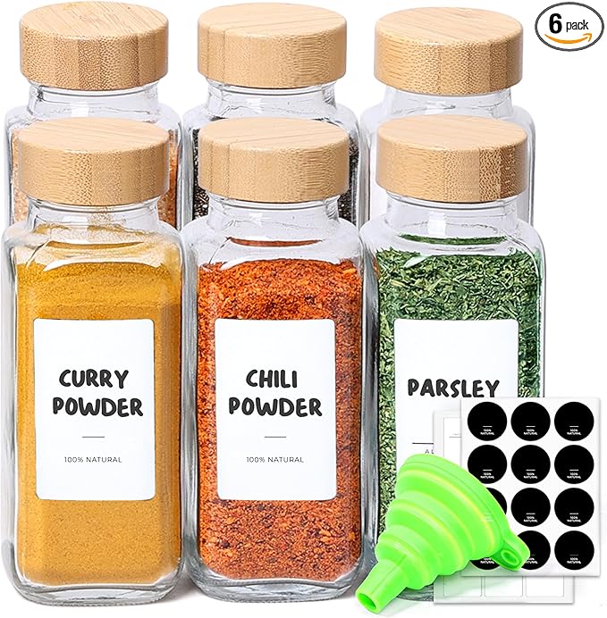 ComSaf 8 oz 6Pcs Glass Spice Jars with Label, Empty Spice Containers with Bamboo Lids, Square Seasoning Containers Trial and Supplement Set, Small Seasoning Bottles for Salt, Herbs, Sugar, Pepper