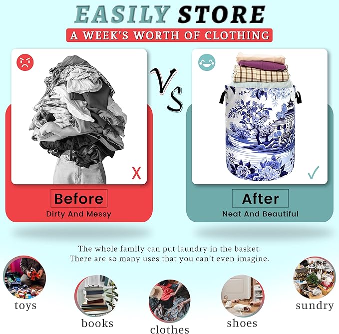 Blue White Porcelain Laundry Basket Chinoiserie Funny Laundry Hamper Foldable Oxford Cloth Colorful Tote Bag Clothes Toy Storage Bucket 18.9"x16.5" For Bathroom/Laundry Storage/Bedroom