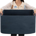 OIAHOMY 75L Large Blanket Basket, Woven Storage Basket with Handle, Cotton Rope Basket 22”x17”x12”,Blanket Basket Living Room, Toy Basket for Nursery, Blue