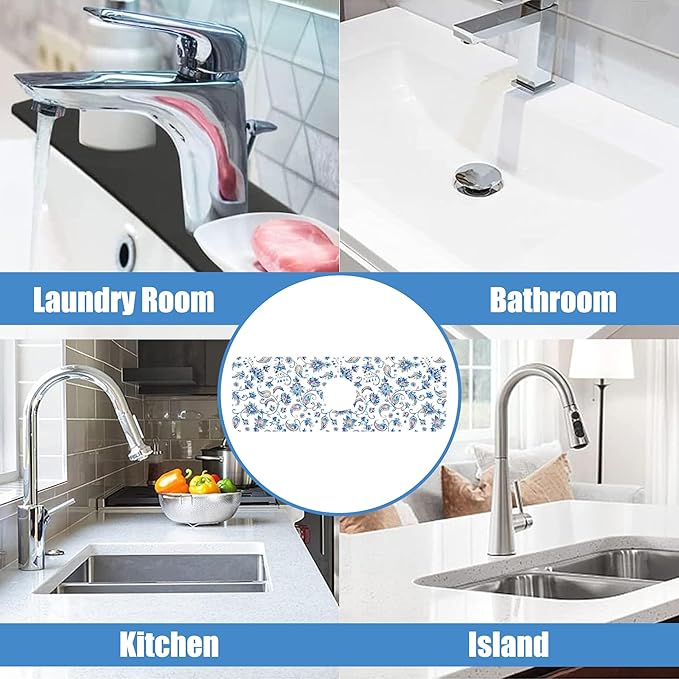 Sink Splash Guard Faucet Mat Paisley Flowers Tulips Leaves Absorbent Fast Drying Mat Sink Gadgets Splash Guard Behind Faucet Drip Catcher for Kitchen Bathroom 15.5"X5.5"
