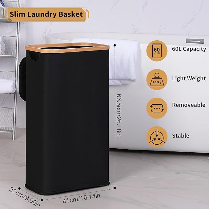 60L Slim Laundry Hamper, Narrow Laundry Basket with Lid,Foldable Clothes Hamper with Bamboo Handles,Hamper Basket with Removable Inner Bag for Laundry Room Bedroom College Dorm,Black