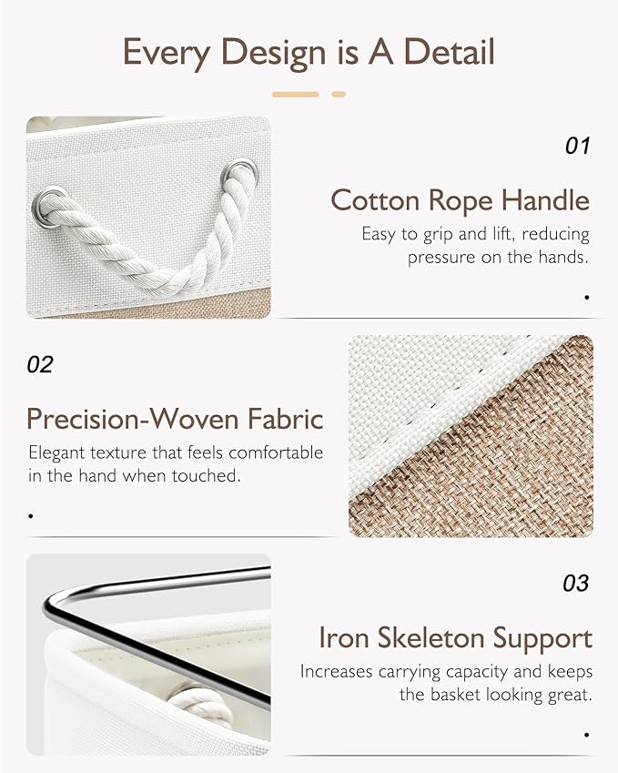 11 Inch Cube Storage Bins, 6 Pack Fabric Storage Cubes with Rope Handles, Organizer Baskets for Closet Shelves, Clothes and Home Organization(White/Khaki)