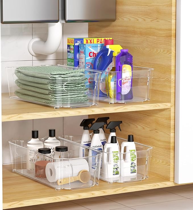 Clear Fridge Organizer, Refrigerator Organizer Bins with Handle, Freezer, Kitchen Cabinet, Pantry Organization, BPA Free Fridge Organizers (12.4 inch 2 Pack)