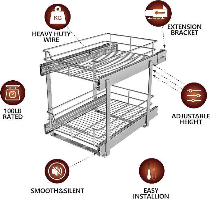 JOWBOOW 2-Tier Pull Out Cabinet Organizer (17.5" W x 22" D), Pull Out Shelves and Drawer for Kitchen Pantry Storage Basket, Heavy-Duty Metal Sliding Shelf, Chrome Finish