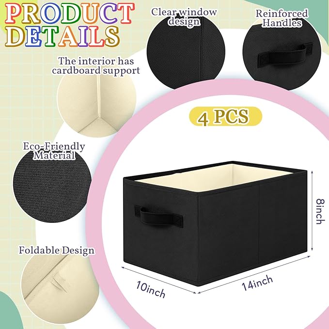 Yinder 4 Pcs Cube Storage Bin 14''x10''x8'' Storage Bins for Room Decor Colorful Bins Foldable Baskets for Nursery Organizer Boxes Fabric Boxes (Black)