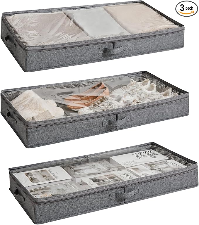 3 Pack Under Bed Storage Containers, Low Profile Underbed Shoes and Clothes Storage Organizer with Sturdy Sidewalls/Bottom, Large Dorm Storage Bins,33 * 17 * 4.5 inches,45L