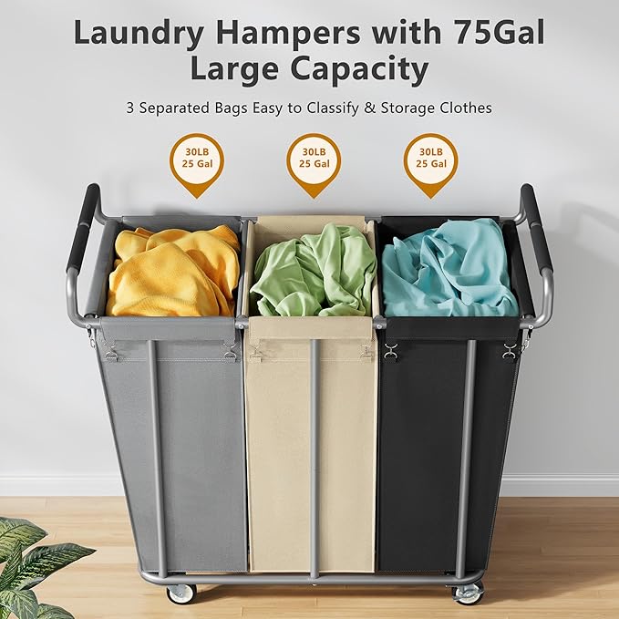 Large laundry hamper with Wheels, 360L 3 Bag Big Rolling Laundry Hamper Sorter Cart, Extra Large Laundry Clothes Hamper, Heavy Duty Laundry Basket Organizer for Laundry Room,Bathroom,Black